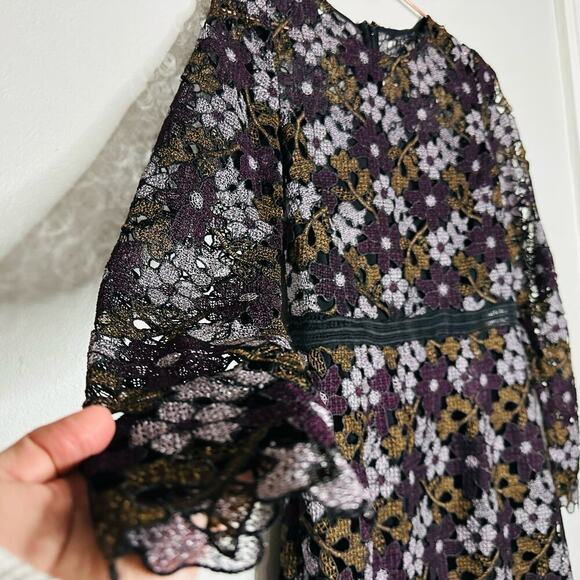 CYNTHIA ROWLEY Linden Purple Black Lace Floral Bell Sleeves Mini Dress Size 4 - Picture 8 of 13